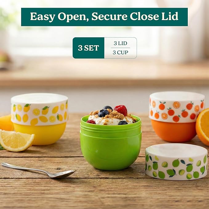 Snack Containers (4 Set) - 4.75 Oz Small Food Storage Cups with Lids - Fruit, Nuts, Sauce, Condiments & Salad Container for Lunch Box - (3 COLORS-5 Oz)