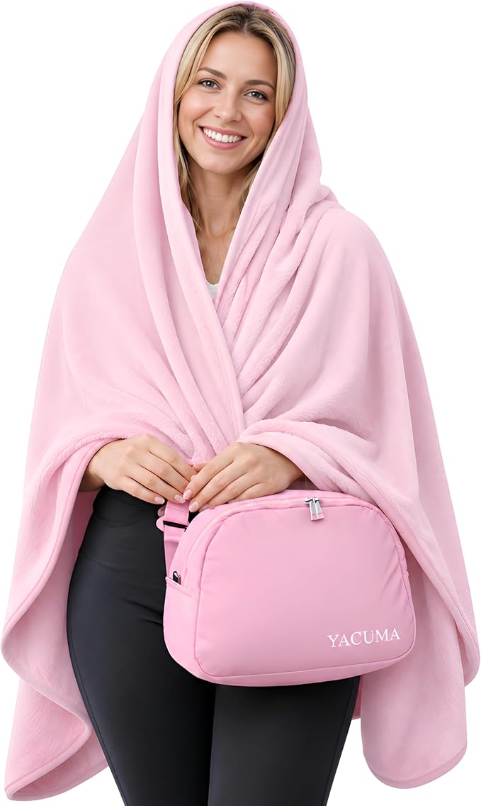 Travel Blanket Airplane Compact with Bag, Soft 40" x 60" Blanket with Luggage Strap & Underseat Personal Item Organizer for Flights, Home & Office, Pink