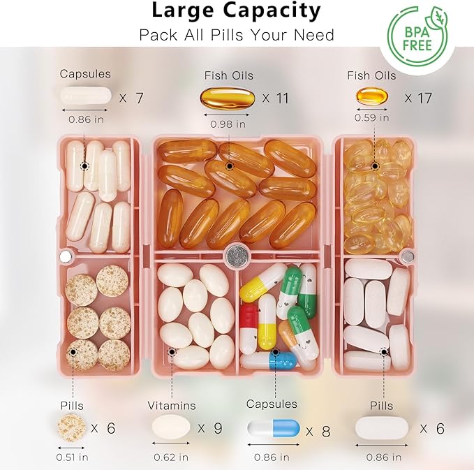 FYY Daily Pill Organizer,2 Pcs 7 Compartments Portable Pill Case Travel Pill Organizer,[Folding Design] Pill Box for Purse Pocket to Hold Vitamins,Cod Liver Oil,Supplements and Medication-Pink
