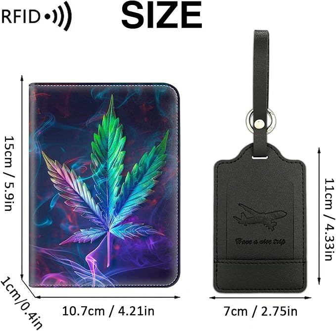 Passport Wallet, Passport Holder with RFID Blocking and Luggage Tag, Waterproof PU Leather Travel Documents Organizer Case, Passport Covers with Card Slot for Women & Men, Weed Leaf Passport Book
