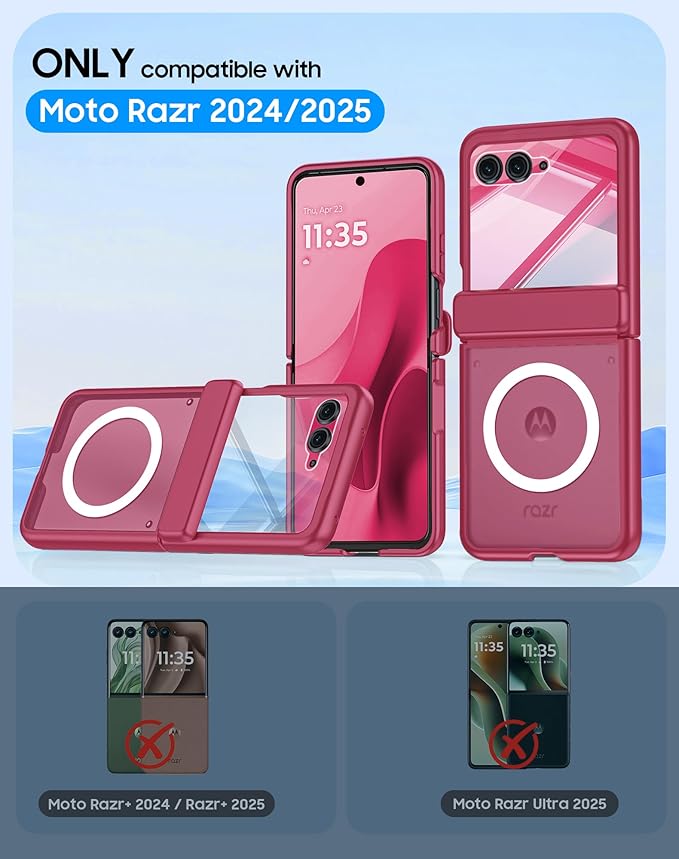 Magnetic for Motorola Razr 2025 Case/Razr 2024 Case,Hinge Protection, Screen Protector, Compatible with MagSafe, Translucent Frosted, Shockproof Slim Cover for Razr 2025/2024-Rose Red
