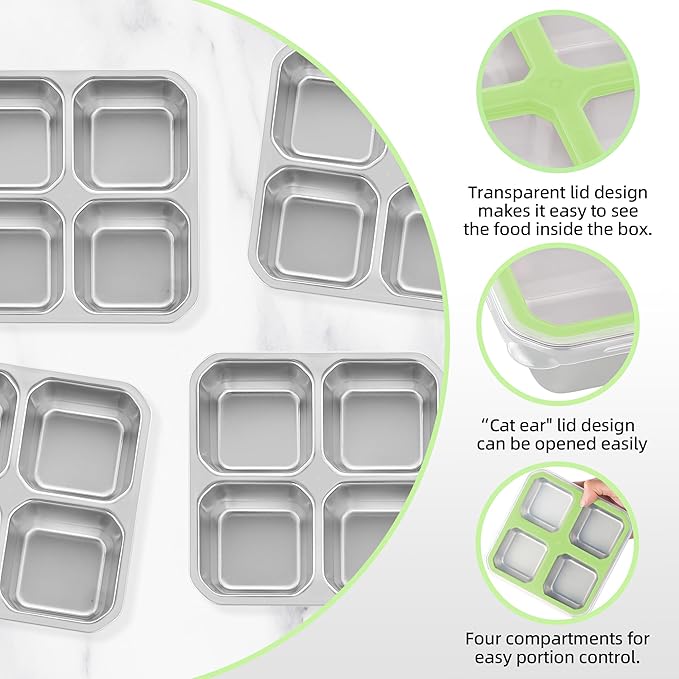 BEFOY 4 Pack Stainless Steel Snack Containers with Lids 4 Compartment Food Storage Containers for Adults & Kids Meal Prep Containers Reusablele (Green, 2)