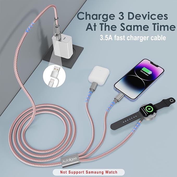 Travel Essentials,Multi Charging Cable for Apple Watch Charger/iPhone Charger/Samsung Charger,Airplane Gadgets RV Essentials for iWatch Ultra/10-2/iPhone 17-11/Samsung S25-S20,airPods,Car-4FT Pink