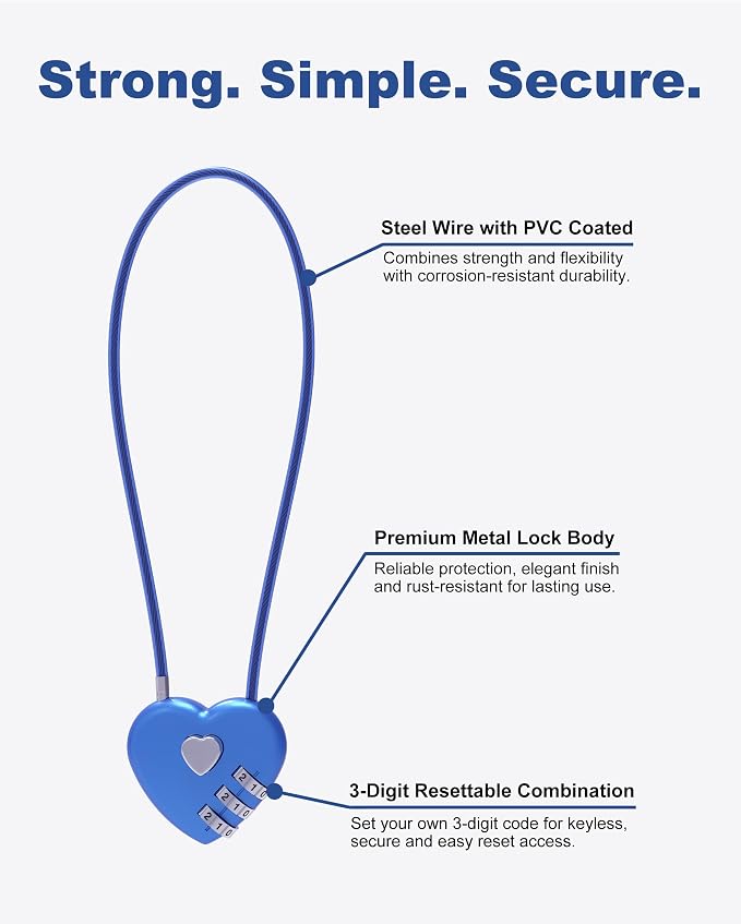 3 Digit Combination Lock, Thin Cable Lock with Code, Cable Padlock Combination, for Travel Essentials, Luggage, Helmet, Stroller, Wardrobe Closet, French Refrigerator Door, Pool Gate