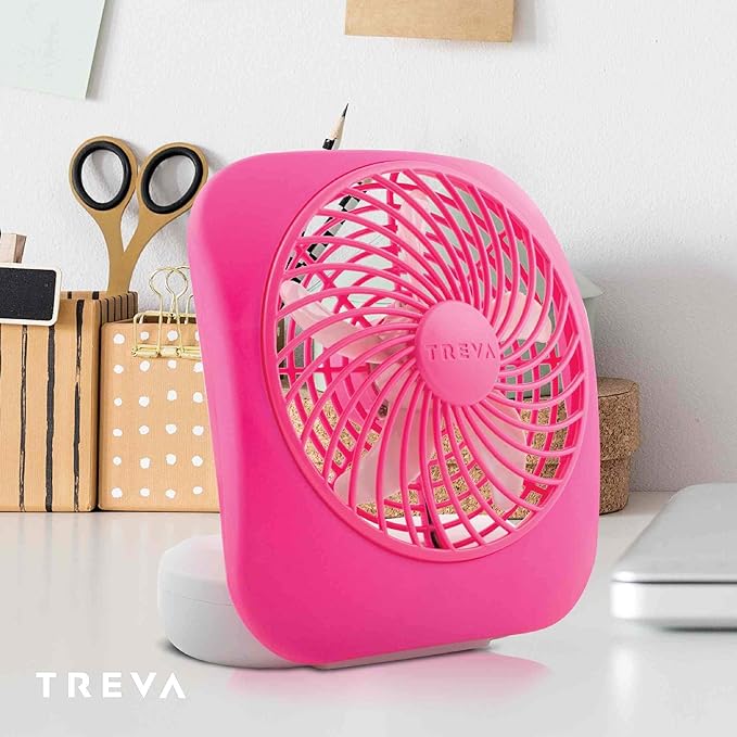 Treva 5 Inch Battery Powered Fan Portable Desk Fan 2 Cooling Speeds with Compact Folding & Tilt Design Cubicle Accessories Small Portable 2 Pack (Raspberry)