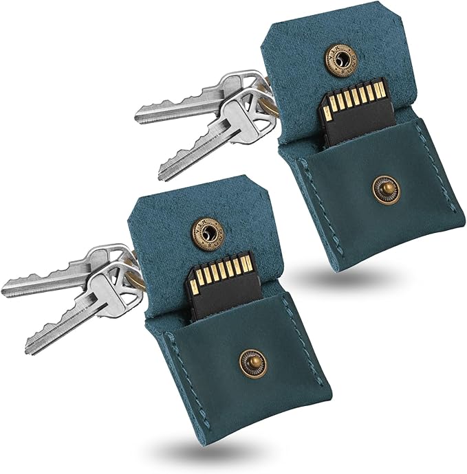 Jack&Chris Genuine Leather SD Card Holder Keychain, Anti-Shock Anti-Dust SD Card Case, Portable Camera Accessories for SD CF CFexpress Micro SD Nano SIM and Micro SIM Cards, Blue 2 Packs