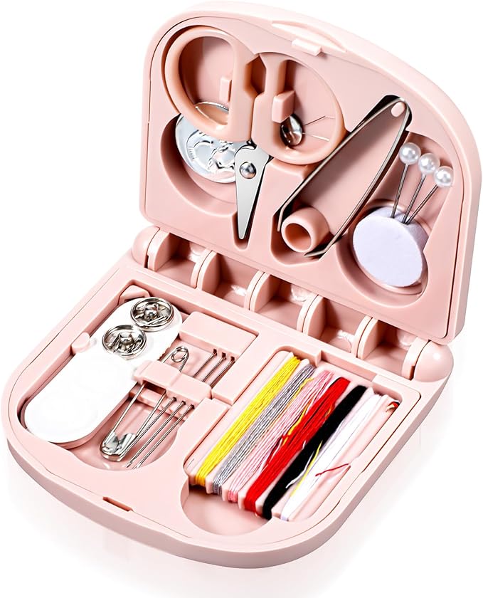 Tyqour Mini Sewing Kit Travel, Emergency Small Sewing Kit, Needle and Thread Kit Deluxe 5th Gen Square Soft Pink, Portable Essentials for Quick Repairs