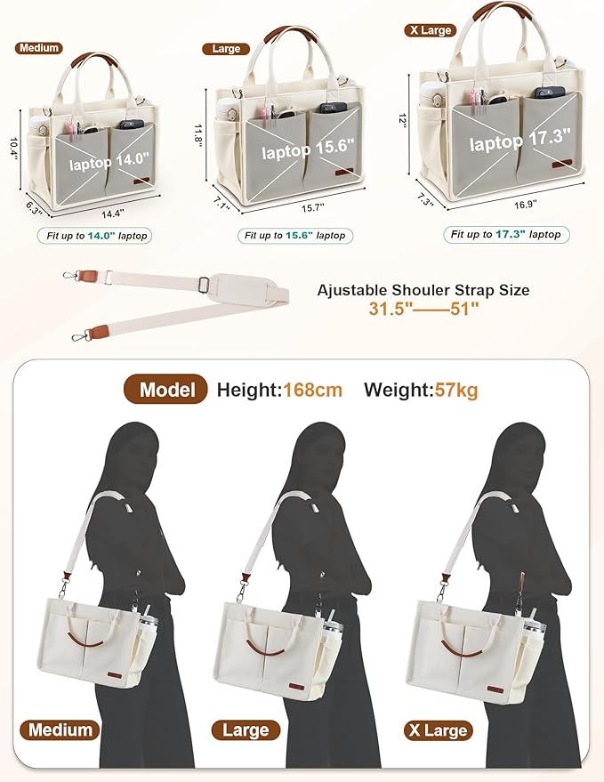 FIORETTO Womens Canvas Tote Bag Purse with Individual Compartment, Zipper Top, Reinforced Bottom & Luggage Sleeve