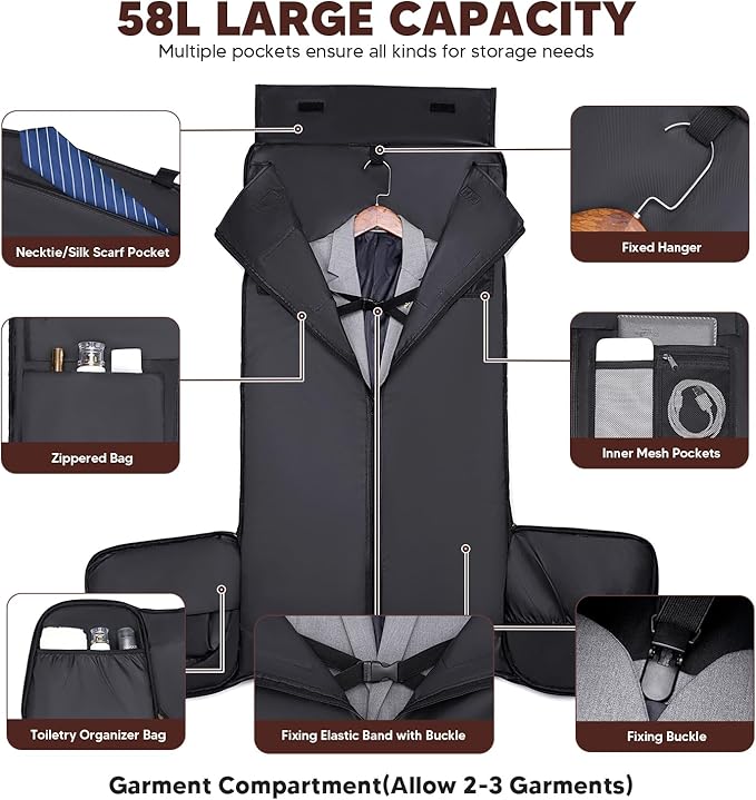 Carry on Garment Bag,Vessgra 2 in 1 Duffle Bag for Travel Convertible Garment Duffel Bags for Men Women Inner Dry/Wet Compartment Suit Bag Travel with Shoe Compartment Bussiness Weekender Trip,Black