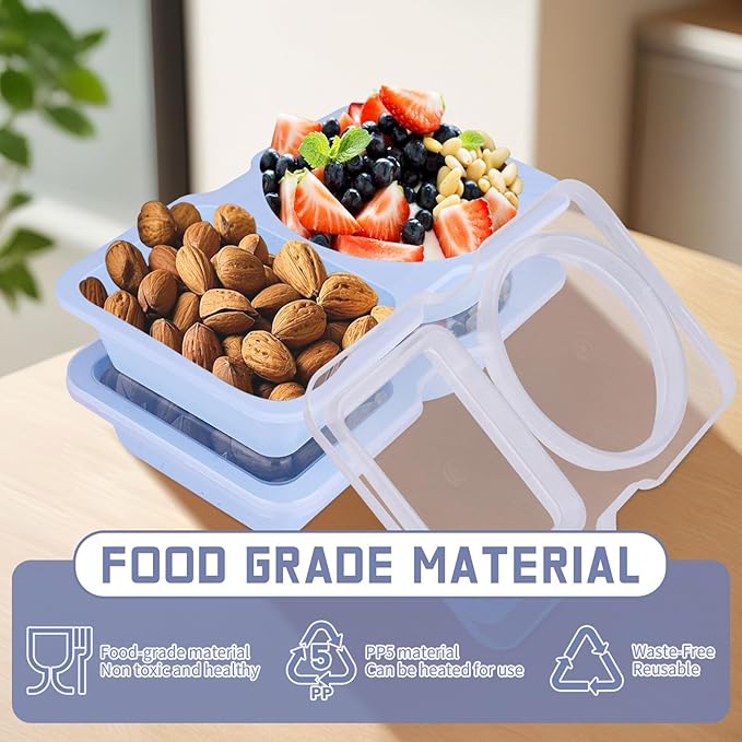 20 Pack Reusable Snack Containers with Lids - Double Compartment Condiment Snack Pack Containers with 20 Forks, Microwave Safe Portion Control Containers for Meal Prep, Take-out, Party & Travel(Blue)