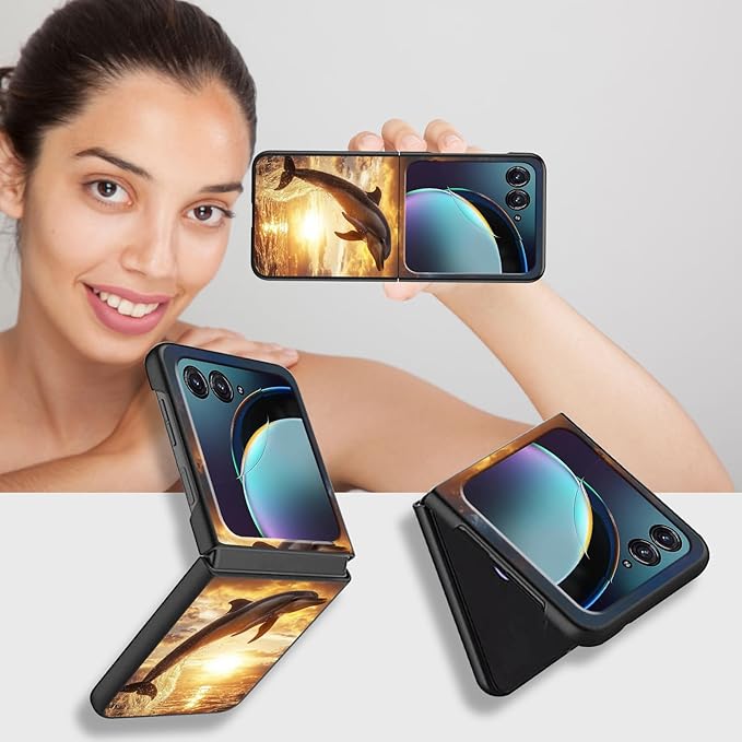 for Motorola Razr Plus 2025 Case,for Razor Plus 2025 Phone Case Cute Slim Hard PC Ultra-Thin Anti-Scratches Shockproof Protective Cover,Golden Dolphin Sunset