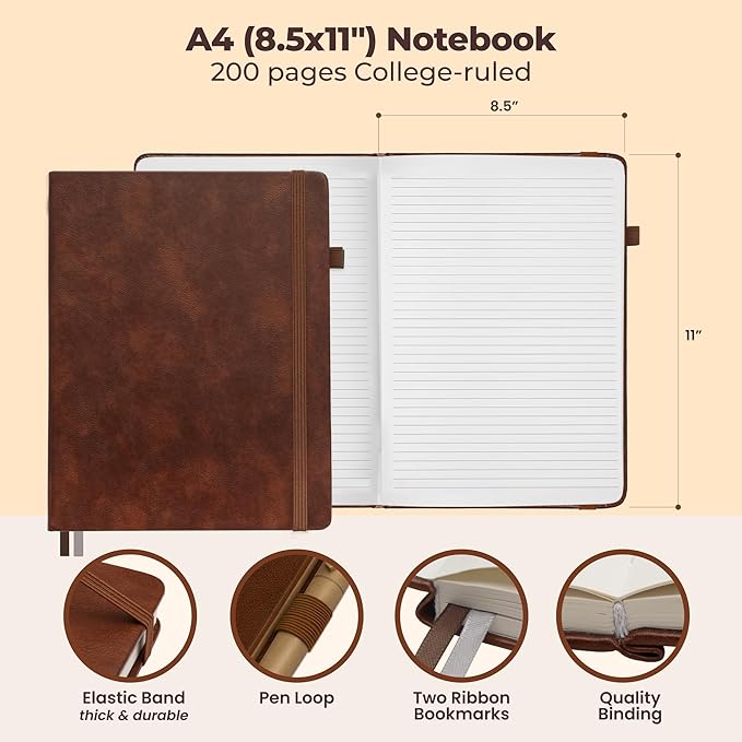 3 Pack Classic Hardcover Lined Notebooks - 8.5x11" A4 Leather Journal with 200 Pages, Sticky Tabs, Pockets, Pen Loop & Ribbon Bookmarks - Large Notebooks for Work, School, Journaling - Campus Notebook