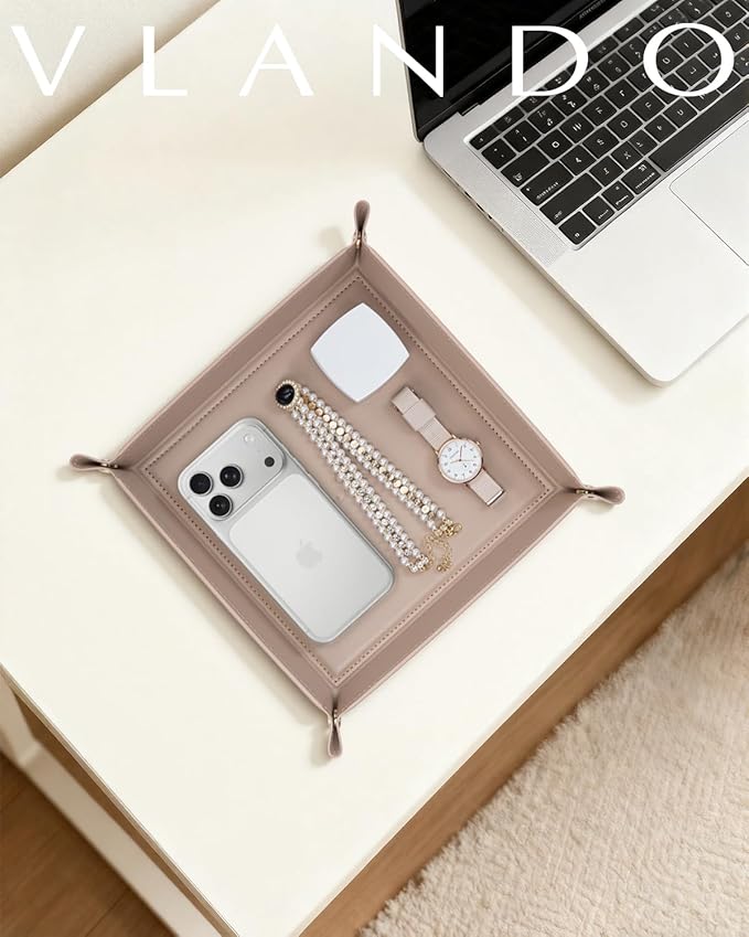 VLANDO Valet Tray Organizer, PU Leather Catchall Tray for Office | Warm PU leather desk tray for office, entryway and nightstand storage, keeping keys, phone, wallet and coins tidy