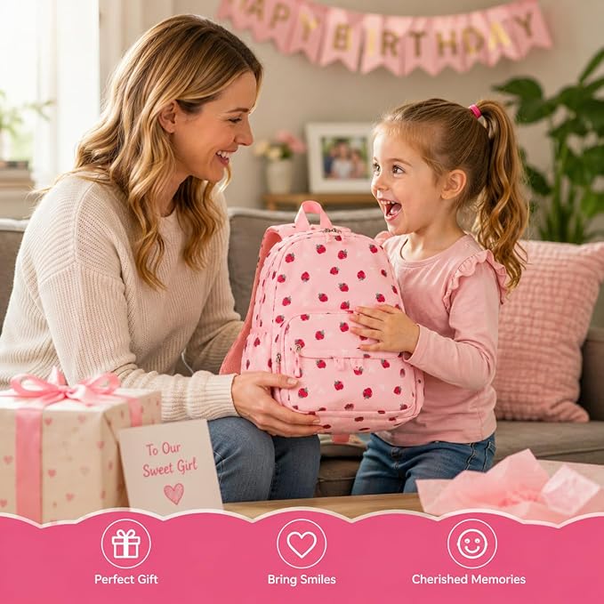 BTOOP Kids Backpack, Girls Backpack 4-6-Preschool Kindergarten School Bookbag with Insulated Lunch Compartment & Chest Strap, Pink-Strawberry Backpacks
