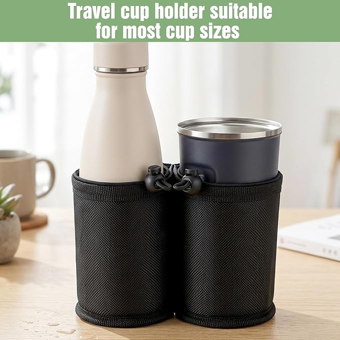 Luggage Travel Cup Holder Luggage Cup Holder for Suitcases Adjustable Free Hand Drink Carrier Hold Two Coffee Mugs Fits Roll on Suitcase Handles Gifts for Flight Attendants Travel Accessories, Black