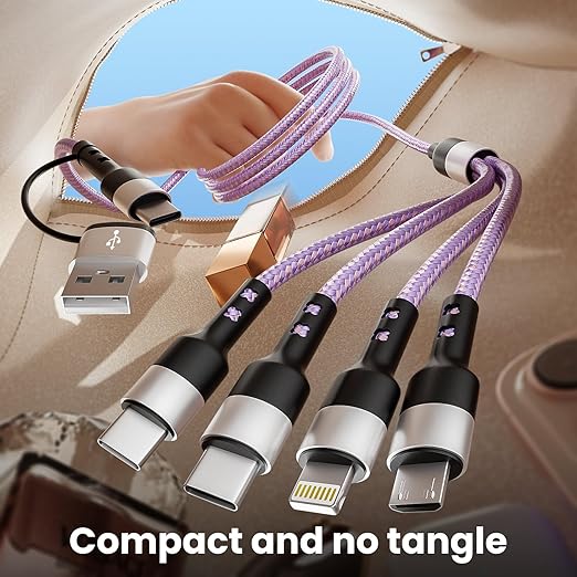 4-in-2 Dual Type-C Multi Charging Cable [2Pack-5FT], Nylon Braided Travel Essential for Airplane Cruise, USB A/C to Dual C/IP/Micro USB, Compatible with iPhone 17-8 Android iPad Galaxy Tablet