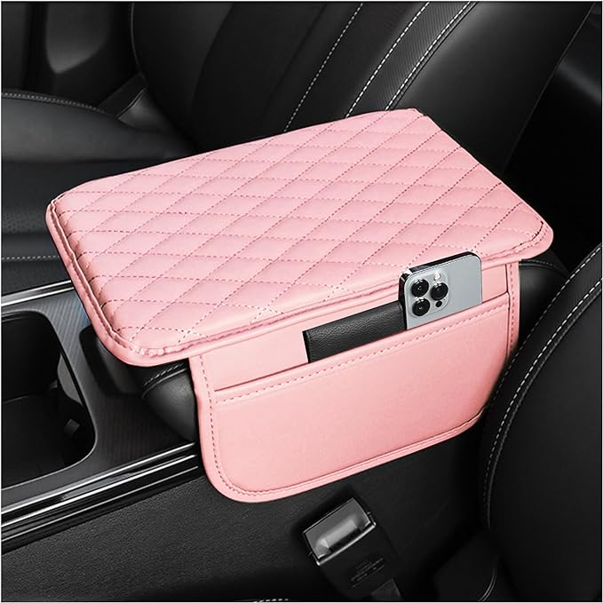 Stacool Upgraded Car Center Console Cover,Microfiber Leather Car Armrest Cover Cushion with 2 Storage Bags,Universal Car Armrest Storage Box (Pink)