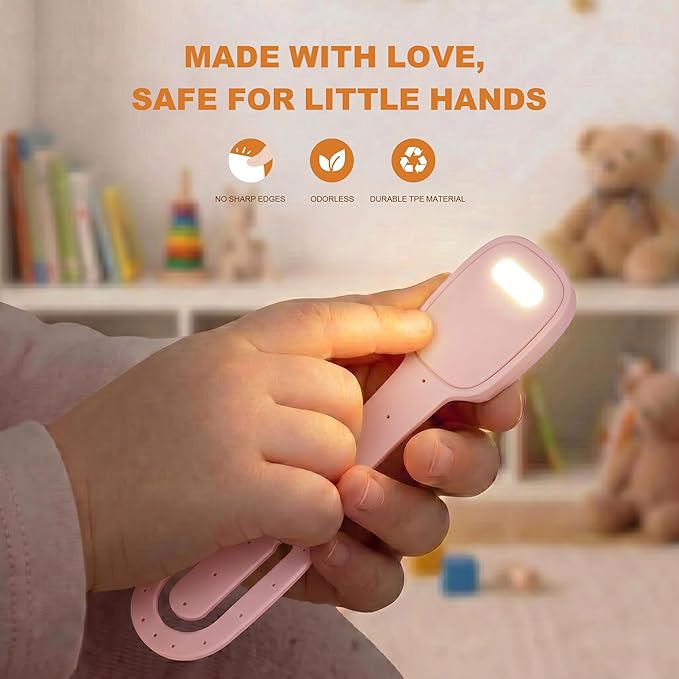 Rechargeable Kids Book Light, Cute Bookmark Reading Light for Kids, Dimmable Portable LED Book Light for Reading in Bed, Eye-Caring Bedtime Reading Lamp for Children & Travel, Light Pink