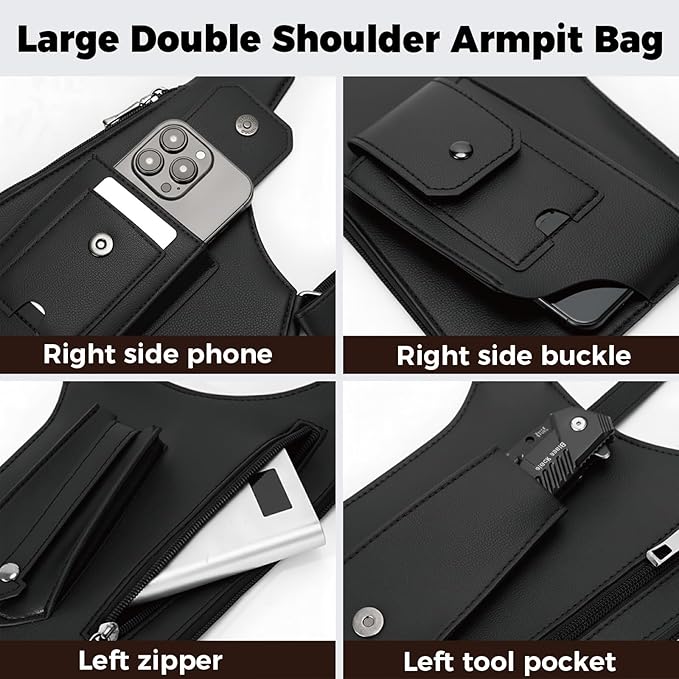 ECGER Large Double Shoulder Armpit Bag - Underarm Holster for Men, Anti-Theft Concealed Crossbody Wallet|phone Pouch for Outdoor Travel Cycling Work, Premium PU Leather (Brown Armpit Bag)