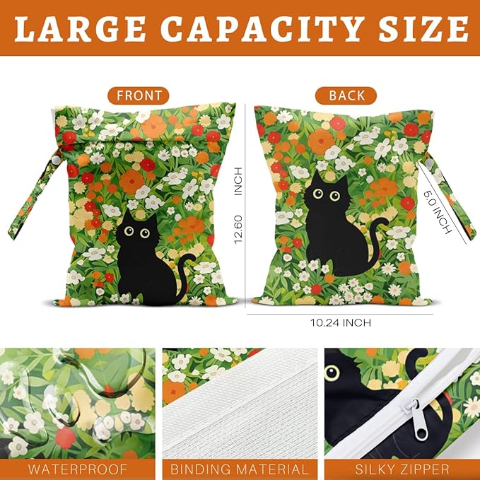 Black Cat Floral Wet Dry Bags Waterproof Wet Bags Reusable Swimsuit Bag Diaper Pouch for Travel Swimsuits Diapers Towels Cat Gifts for Women Friend Travelers 10 x 13 Inches