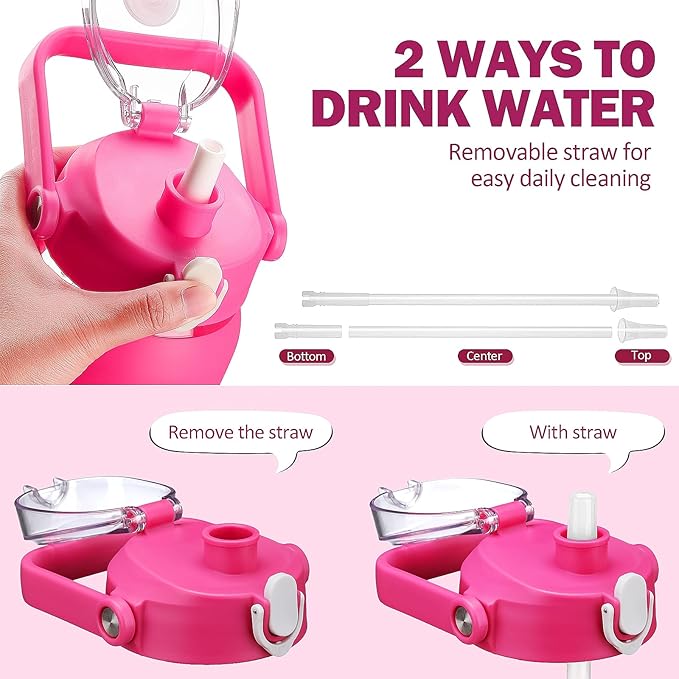 42oz Glass Water Bottles with Straw, Motivational Glass Bottle with Silicone Sleeve and Time Marker, Leakproof Large Glass Water Jug for Gym Home Office,Rose red