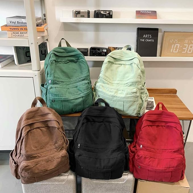 Sage Green Canvas Backpack for Women Retro Aesthetic Rucksack Basic Backpack for High School/College Students Travel Laptop Bag