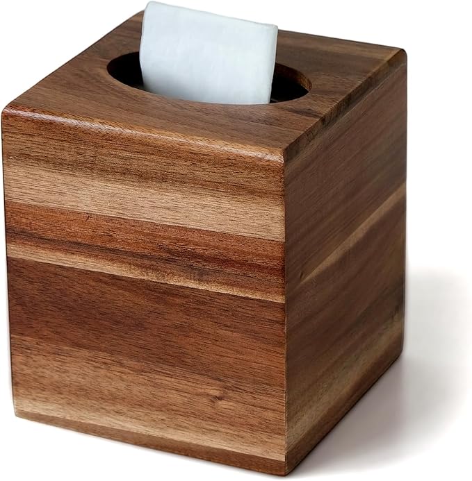S310 Acacia Wood Tissue Box Cover, Square Tissue Box Holder with Slide-Out Bottom, Wooden Cube Tissue Covers Tissue Holders for Bathrooms Office Kitchen