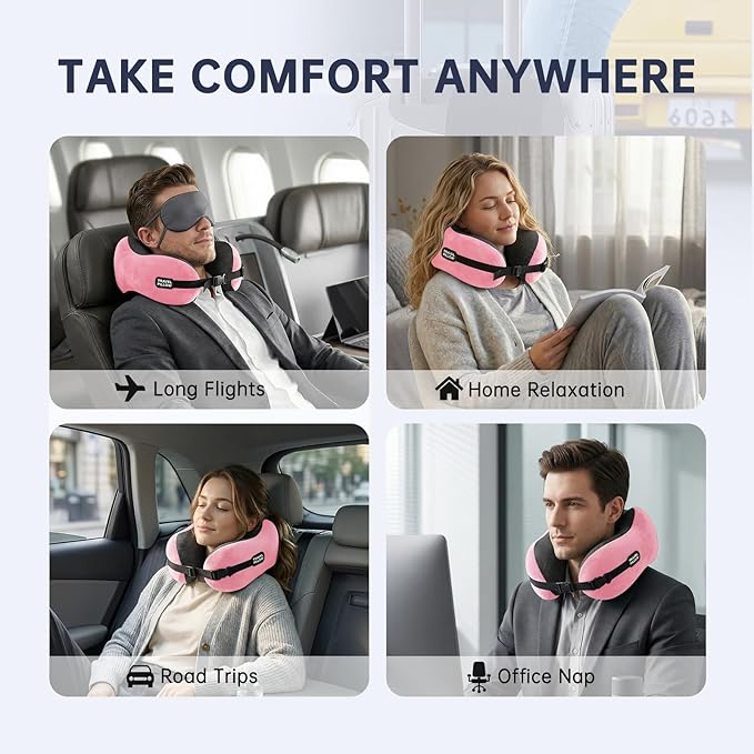 Neck Pillow Travel Pillow - 100% Pure Memory Foam Airplane Pillow with Adjustable Clasp & Removable Cover, Portable Travel Essentials for Long Flights, Car & Office (Pink, with Eye Mask)