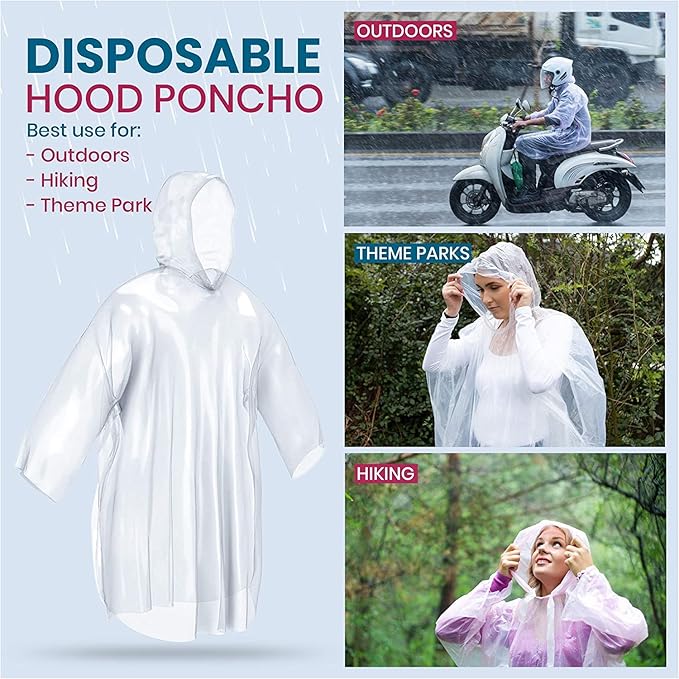 Noe & Malu 20-Pack Emergency Disposable Rain Ponchos for Adults – 100% Waterproof with Hood | Clear Lightweight Unisex Raincoats for Camping, Hiking & Travel