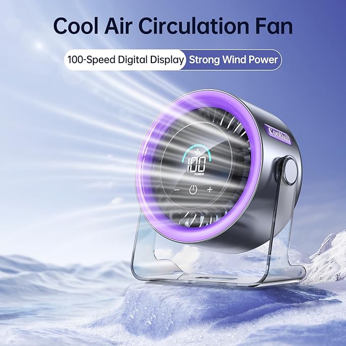 USB Desk Fan for Bedroom: 100 Speeds Digital Display Quiet Portable Fan with Turbo Airflow, 120° Rotating Small Rechargeable Battery Desktop & Wall-Mounted Fans for Bedroom Home Office