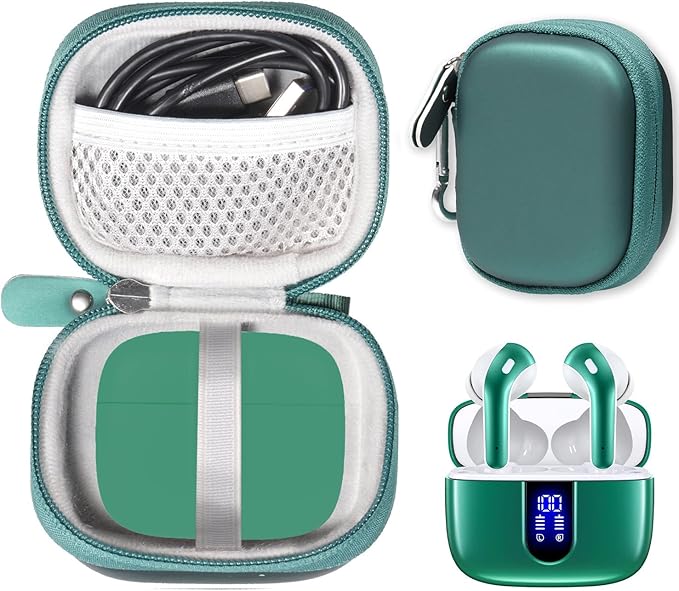Case for TAGRY X08 Bluetooth Headphones True Wireless Earbuds 60H, mesh Pocket for Charge Cable (Green)