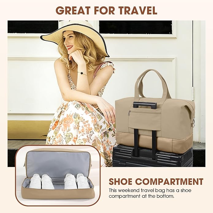 Women's Weekender bag Travel Duffel Bag with Shoe Compartment 21-inch Airline-Approved Carry-On, 2-Piece Overnight Bag Set Personal Item Luggage