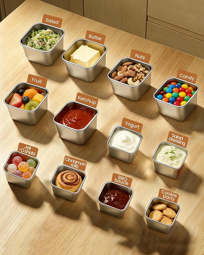 12Pack Small Stainless Steel Snack Containers with Lids, 6oz & 2oz Reusable Leakproof Sauce Condiment Cups, Salad Dressing Containers To Go for Adults LIttle One Lunch, Bento Box, Picnic and Travel