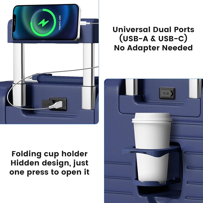 20 Inch Carry on Luggage with Cup Holder, Airline Approved 22x14x9 Aluminum Frame PC Hard Shell Suitcase, 360° Spinner Wheels, TSA Lock for Short Trips and Business Travel