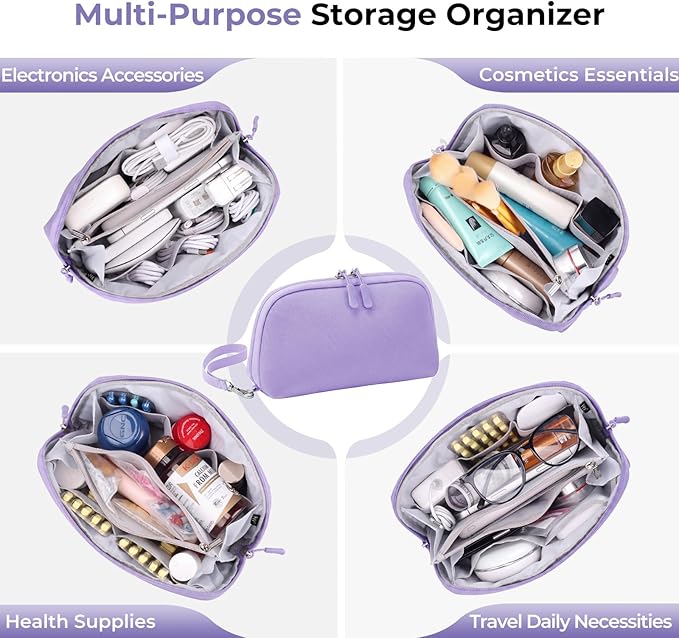 FYY Travel Cable Organizer - 8 Compartments Lightweight Water Resistant Tech Pouch with Wrist Strap, Portable Electronic Accessories Case for Cord Charger Storage for Travel Home Office Purple (Large)