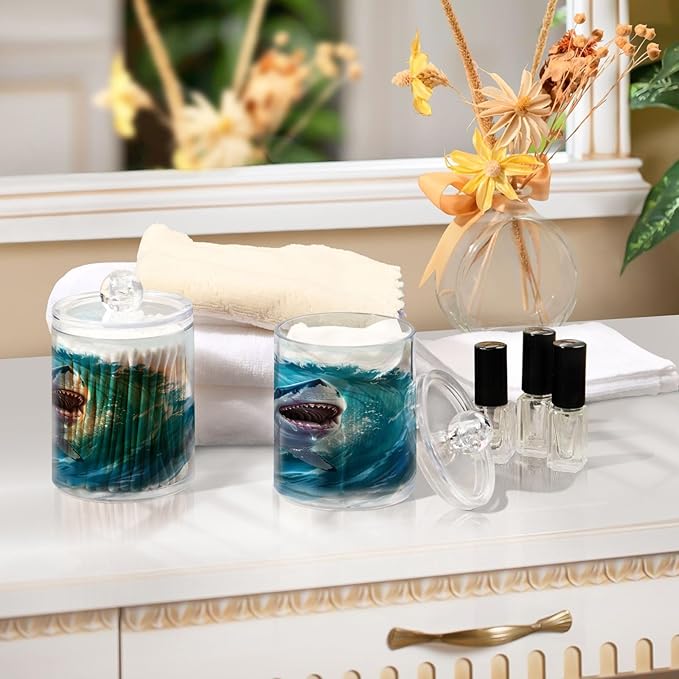 2 Pack Qtip Holder Organizer Dispenser Jumping Shark Blue Ocean Wave Bathroom Storage Canister Cotton Ball Holder Container for Cotton Pads/Swabs/Floss