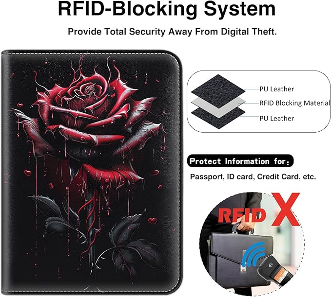 Passport Wallet, Passport Holder with RFID Blocking and Luggage Tag, Waterproof PU Leather Travel Documents Organizer Case, Passport Covers with Card Slot for Women & Men, Blood Rose Passport Book