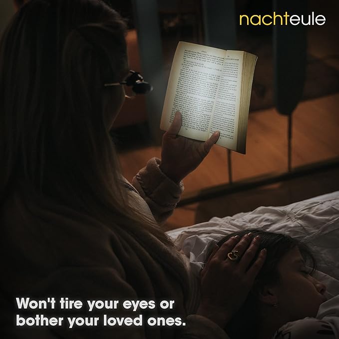 Nachteule Rechargeable Reading Light for Glasses, Headphones or Headband (Included). LED Book Light. Award Winning Clip-on Design Made in Germany. Complimentary Protective Case Included