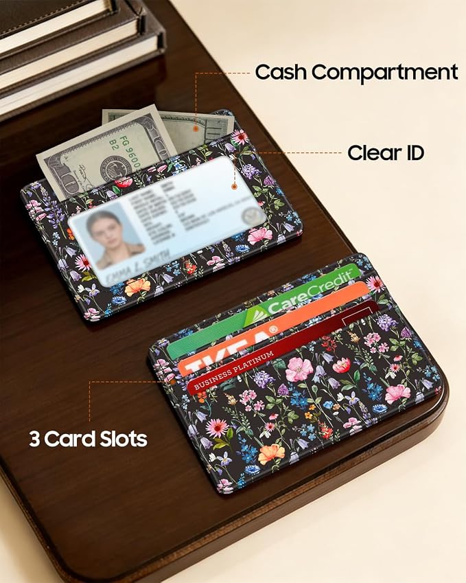 FINTIE Slim Minimalist Front Pocket Wallet, RFID Blocking Credit Card Holder Card Cases with ID Window for Men Women (Black Floral)