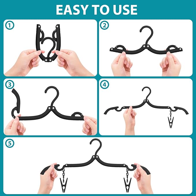 15 Pcs Travel Hangers with 30 Clips Portable Foldable Travel Hanger Organizer, Plastic Cruise Ship Essentials 2026 Clothes Hanging Rack Folding Hangers for Travel Camping Fly RV Europe Suitcase Black