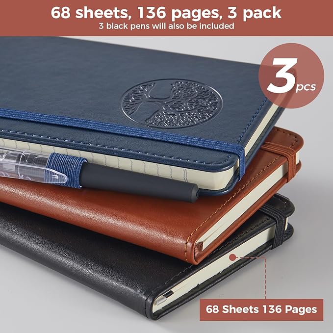 3 Pack Pocket Journal Notebooks, A6 Small Mini Notepad with Pens, 3.7" x 5.7" Leather Hardcover Note Book for Women/Men Work, 400 Pages 100GSM Lined Paper, Brown