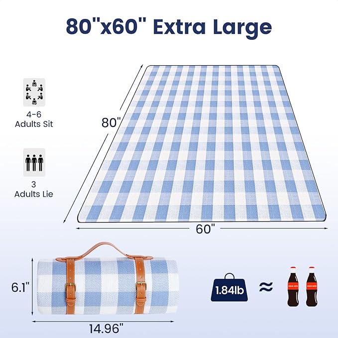 sapsisel 80”x60” Picnic Blanket Extra Large, Waterproof Picnic Blanket Beach Blanket
