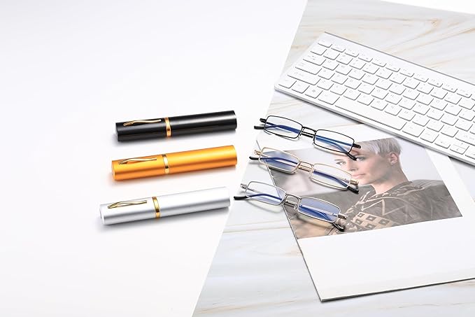 Viseng Slim Mini Metal Reading Glasses Compact Lightweight Portable Readers with Glasses Case for Reading Case +3.5 Black+Gold+Silver