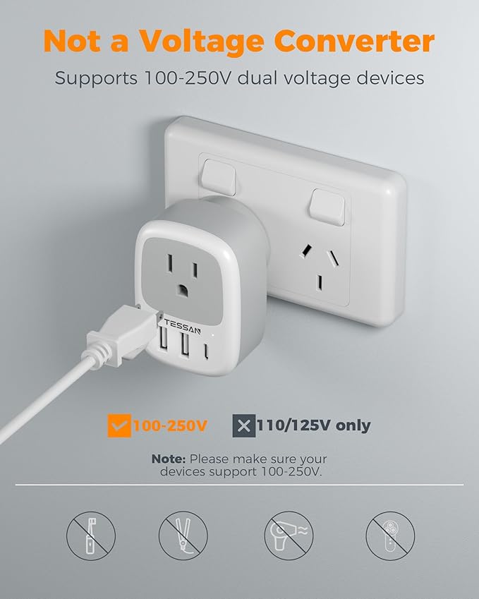 Australia New Zealand Power Adapter 3 Pack, TESSAN Type I Travel Adaptor with 3 USB Charger (1 USB C Port) for US to Australian Argentina China Fiji Cook Islands