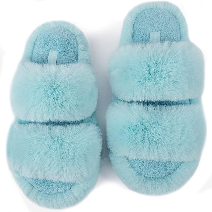 FamilyFairy Women's Fluffy Faux Fur Slippers Comfy Open Toe Two Band Slides with Fleece Lining and Rubber Sole