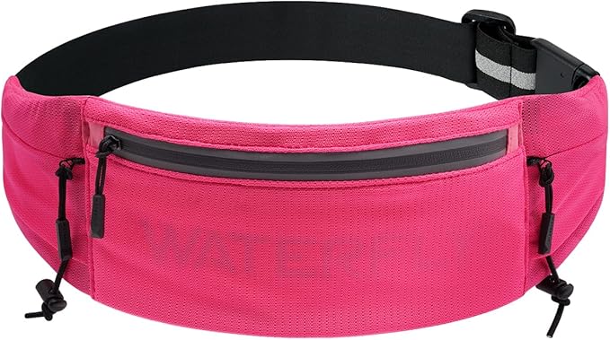 WATERFLY Running Belt Fanny Pack: Breathable 3 Pocket Waist Bag for Men Women Workout Exercise Fitness Phone Holder Fits All Phones - Runner Marathon Jogging Race Belt with Bib Clip Pink