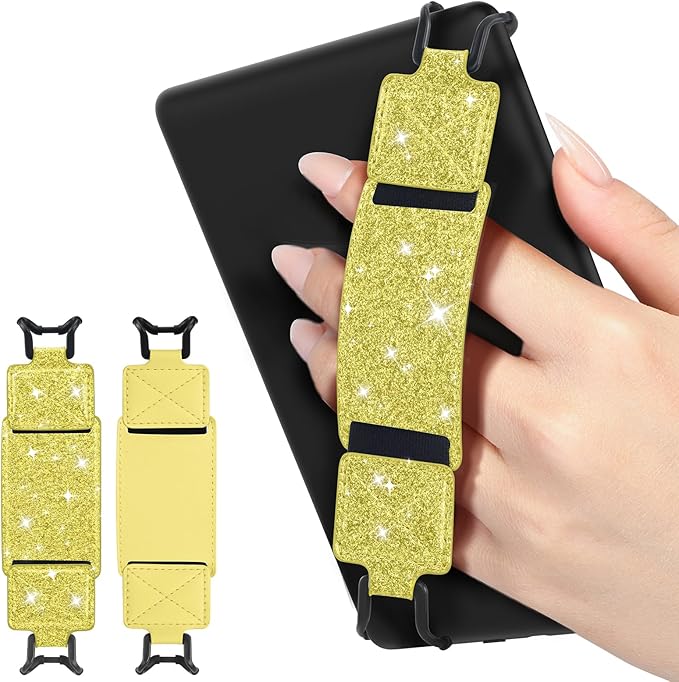 MoKo 2 Pack Security Hand Strap for 6-8" Kindle eReaders Fire Tablet-Kindle/Kobo/Voyaga E-Book Tablet, High-Elasticity Versatile Hand Strap Lightweight Finger Grip Holder, Lemon Yellow+Glitter Yellow