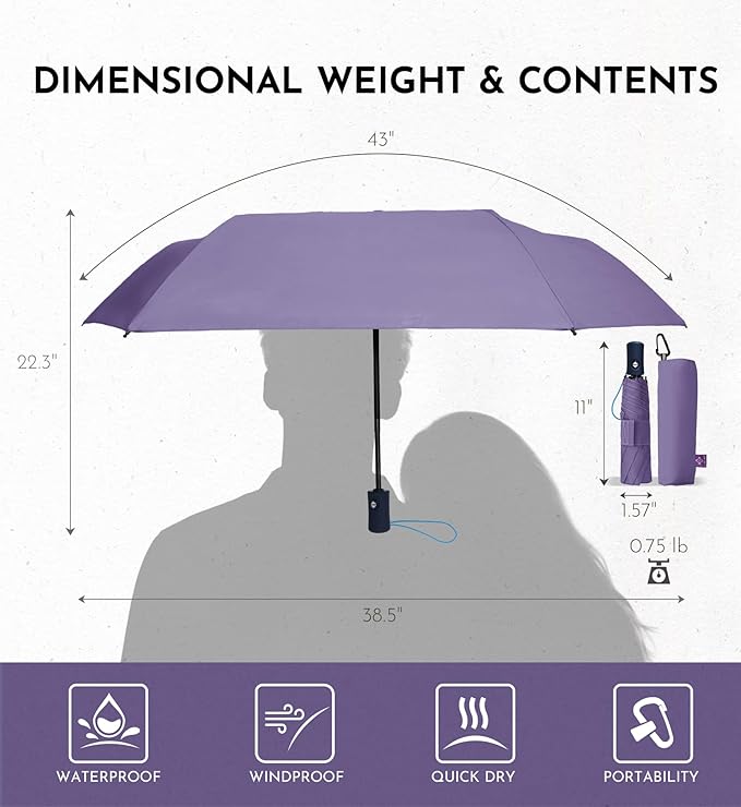 Windproof Travel Umbrella for Rain - 43" Compact Folding Umbrella, Reinforced Strong Frame, Lightweight Portable Parasol with UPF 100+ UV Sun Protection, Cruise Ship Essentials