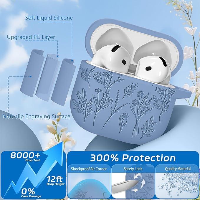 for Airpods 4 Case, Ekoonpft Flower Engraved Cases for Apple AirPods 4th Generation 2024, Soft Silicone Cover for Women Girly with 3-in-1 Cleaning Kit & Keychain, Anti-Scratch, Shockproof