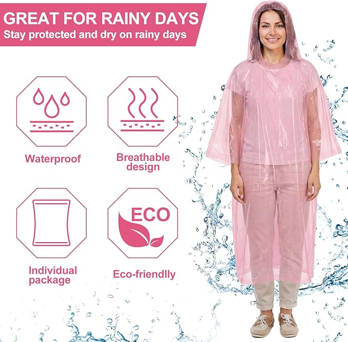 Handepo 100 Pack of Adult Rain Ponchos with Hood Disposable Plastic Rain Ponchos Bulk Emergency Raincoat for Men Women Adult